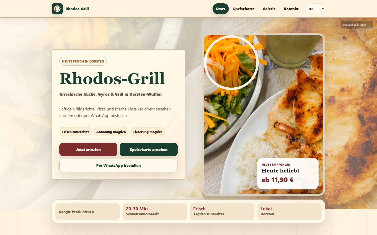 Screenshot des Rhodos Grill Demo Webdesigns von Dinevio auf Desktop und Smartphone.